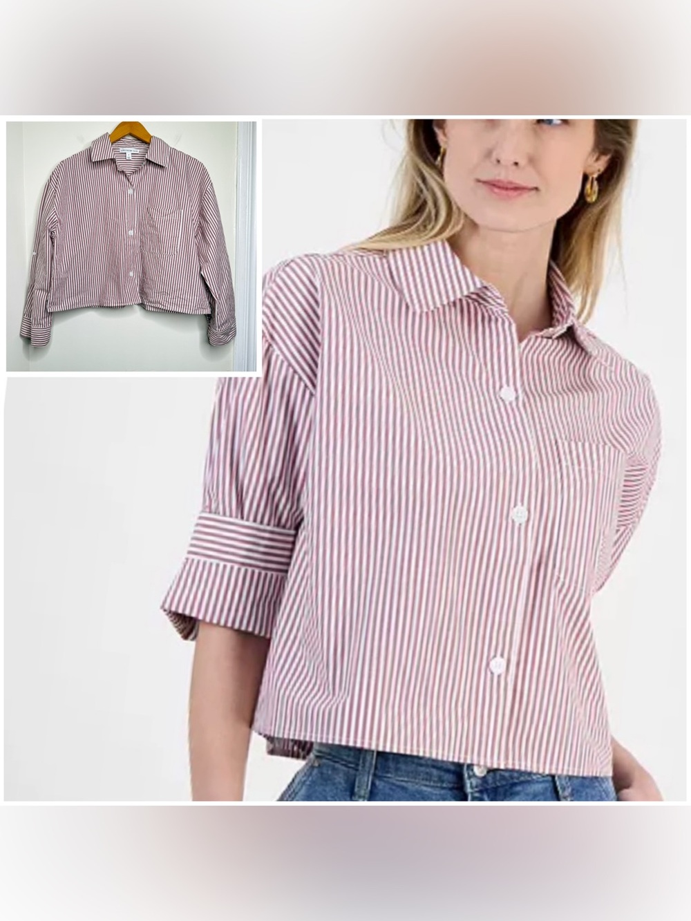 And Now This Striped Button Front Blouse Top Cropped Women’s Size Medium Cotton